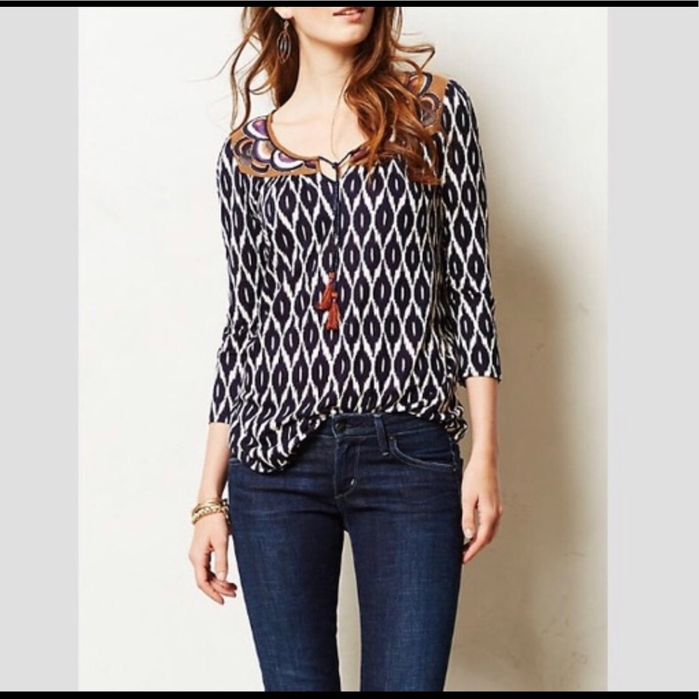 Anthropologie Ikat Peasant Tasseled Top by A Common Thread -Size Small